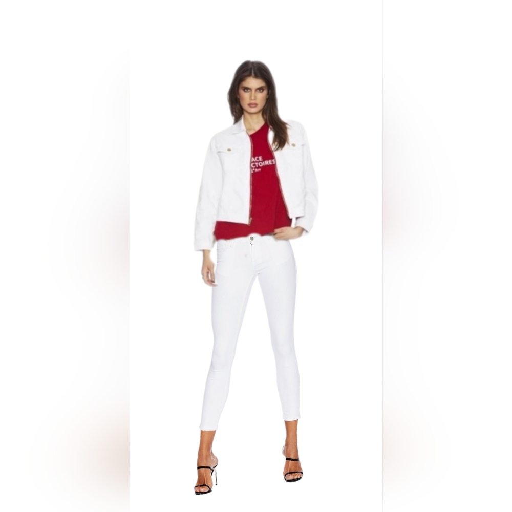 White Etienne Marcel Denim Jacket and Jeans both with Red Zipper